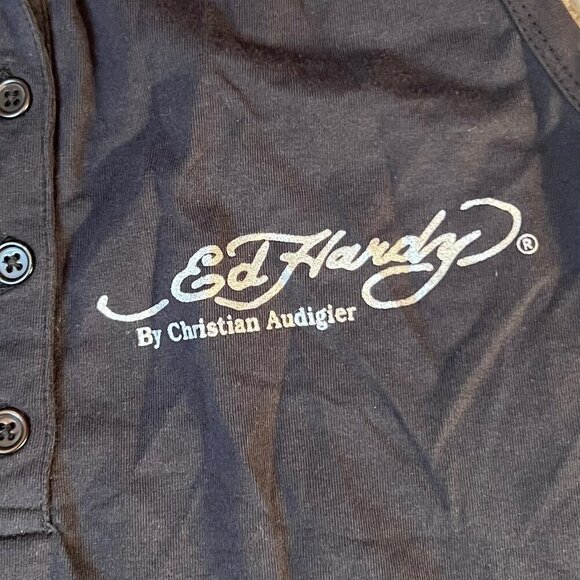 RARE Ed Hardy Womens Vintage Y2K Tattoo Wear Halter Collar Button Cotton T Large - Picture 3 of 10